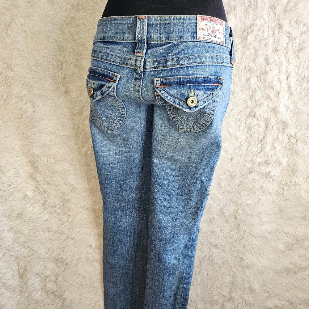 True Religion Women's Blue Billy Straight Legs Distressed Denim Jeans Size 25
